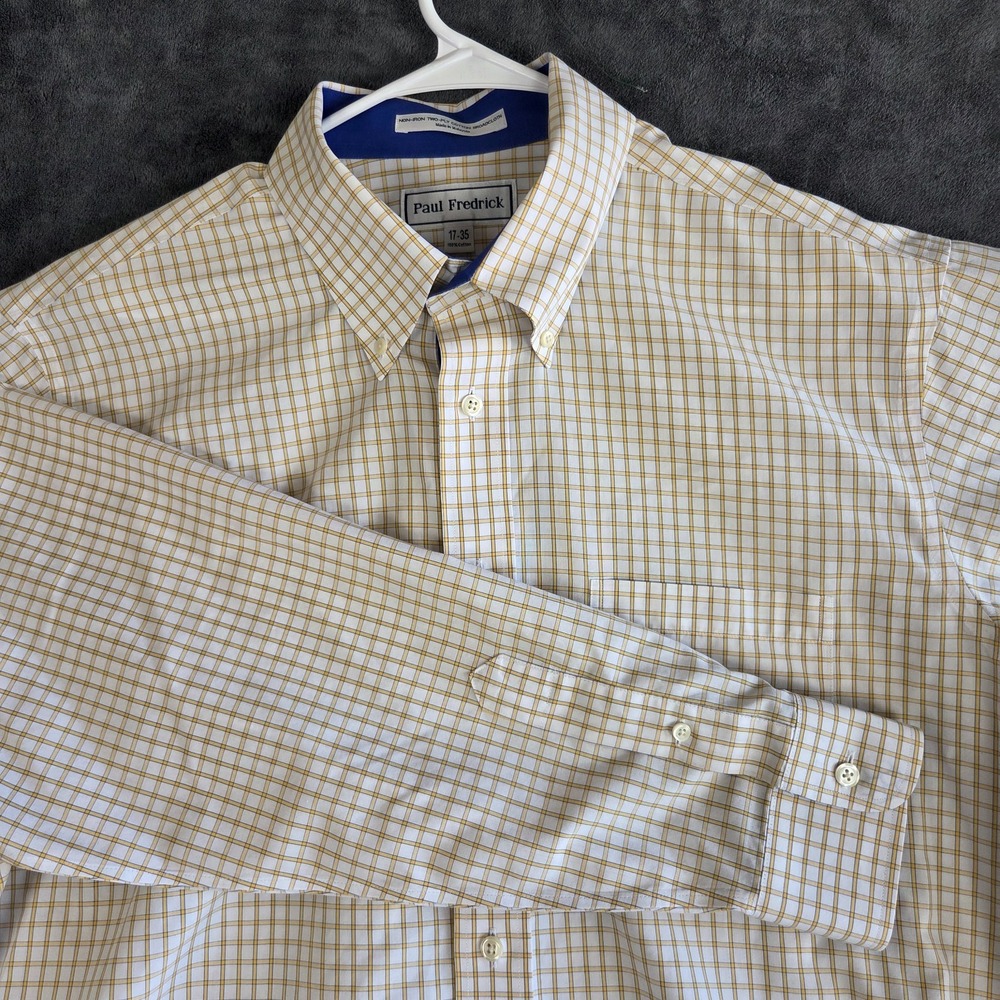 Paul Fredrick Dress Shirt Men’s 17-35 White Yellow Blue Check Button Down